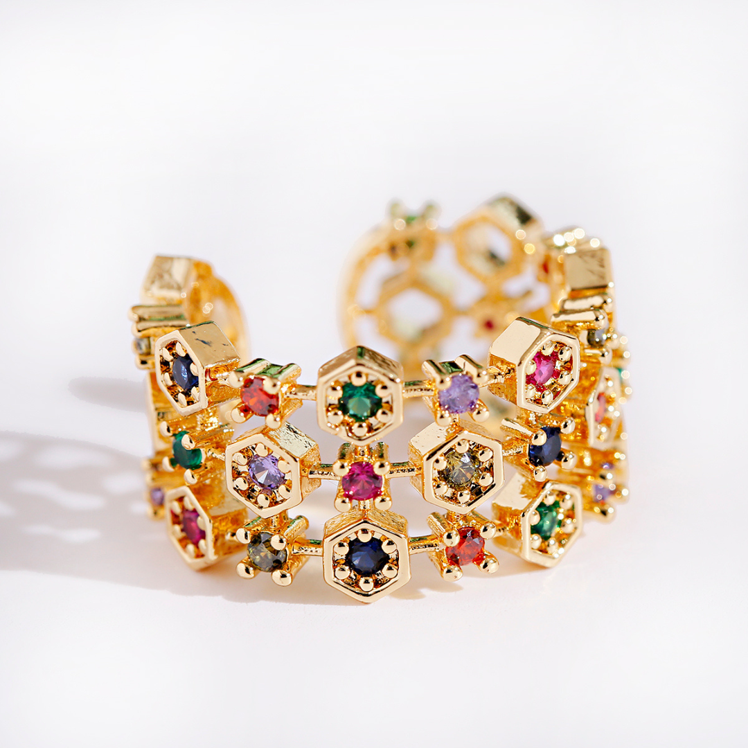 Verstellbarer Ring aus 18K Gold mit farbigen Zirkonsteinen