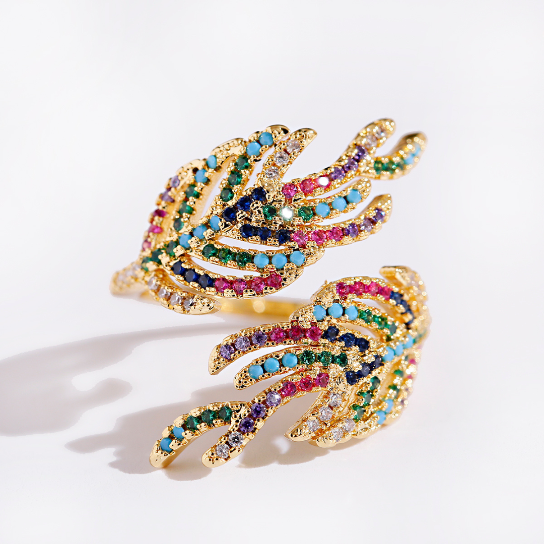 Verstellbarer 18K Gold Plated Blattring mit farbigen Zirkonia