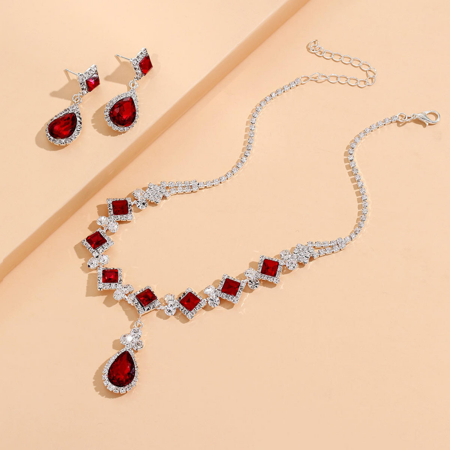 Rote Wassertröpfchen-Halsband & Hängende Ohrrsets