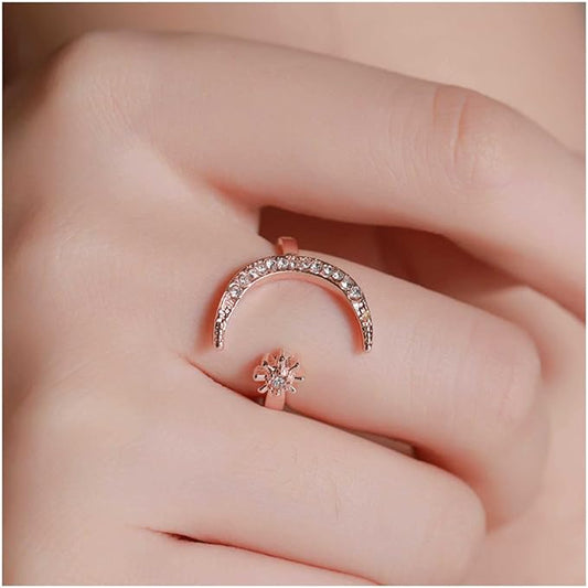 Halloween-Ring mit Mond und Stern aus hypoallergenem Stahl mit 18 Karat Roségoldüberzug und Zirkonias
