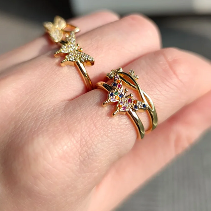 Verstellbarer Schmetterlingsring mit Zirkonia, 18 Karat vergoldet