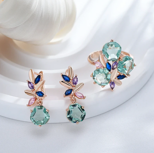 Aquamarinblumen-Set mit 18 Karat Roségoldplattierung