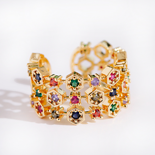 Verstellbarer Ring aus 18K Gold mit farbigen Zirkonsteinen