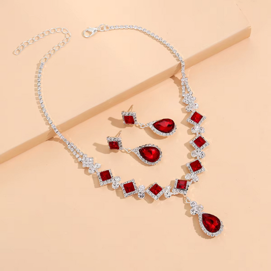 Rote Wassertröpfchen-Halsband & Hängende Ohrrsets
