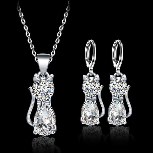 Set Halskette + Ohrringe Happy Cats aus Sterlingsilber und polierten weißen Zirkonen